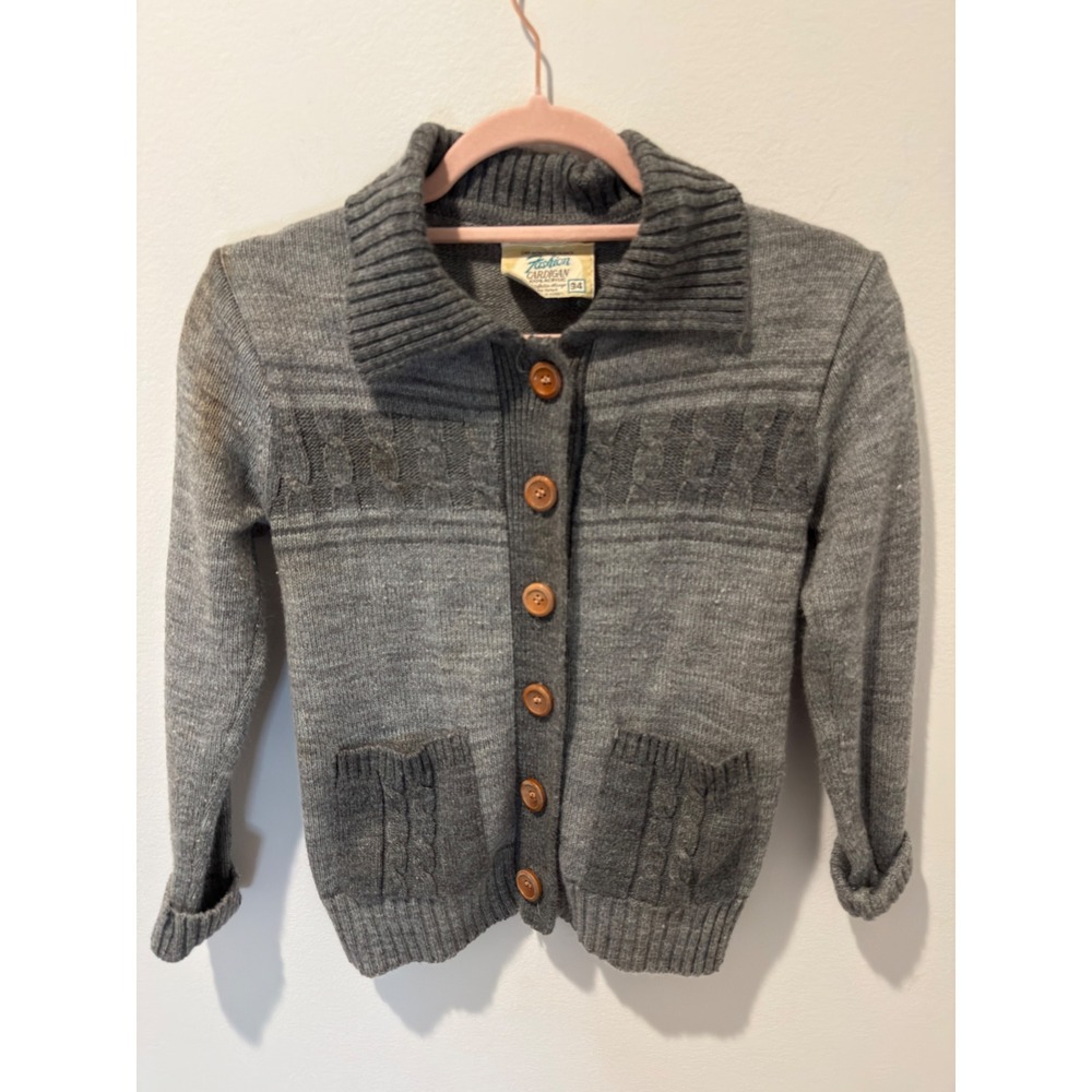 Vintage 1970s Kmart Fashion Cardigan Gray Knit Button Sweater 34